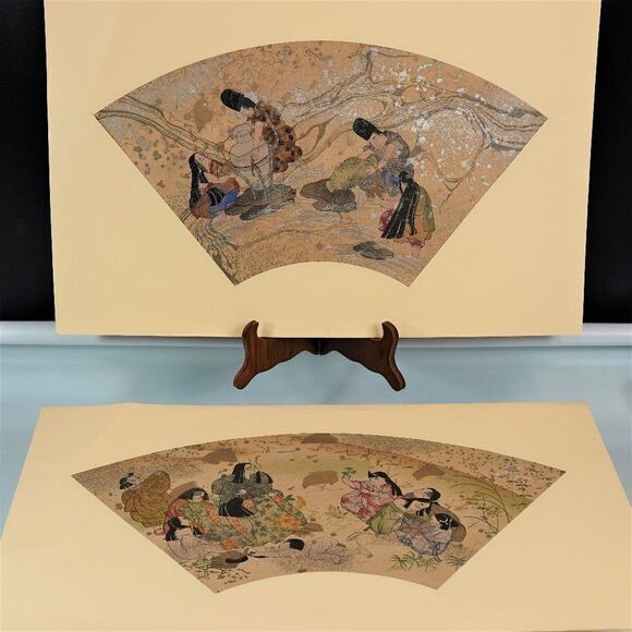 Fan Shaped Buddhist Sutra Picture Japanese Art - Picture 1 of 12